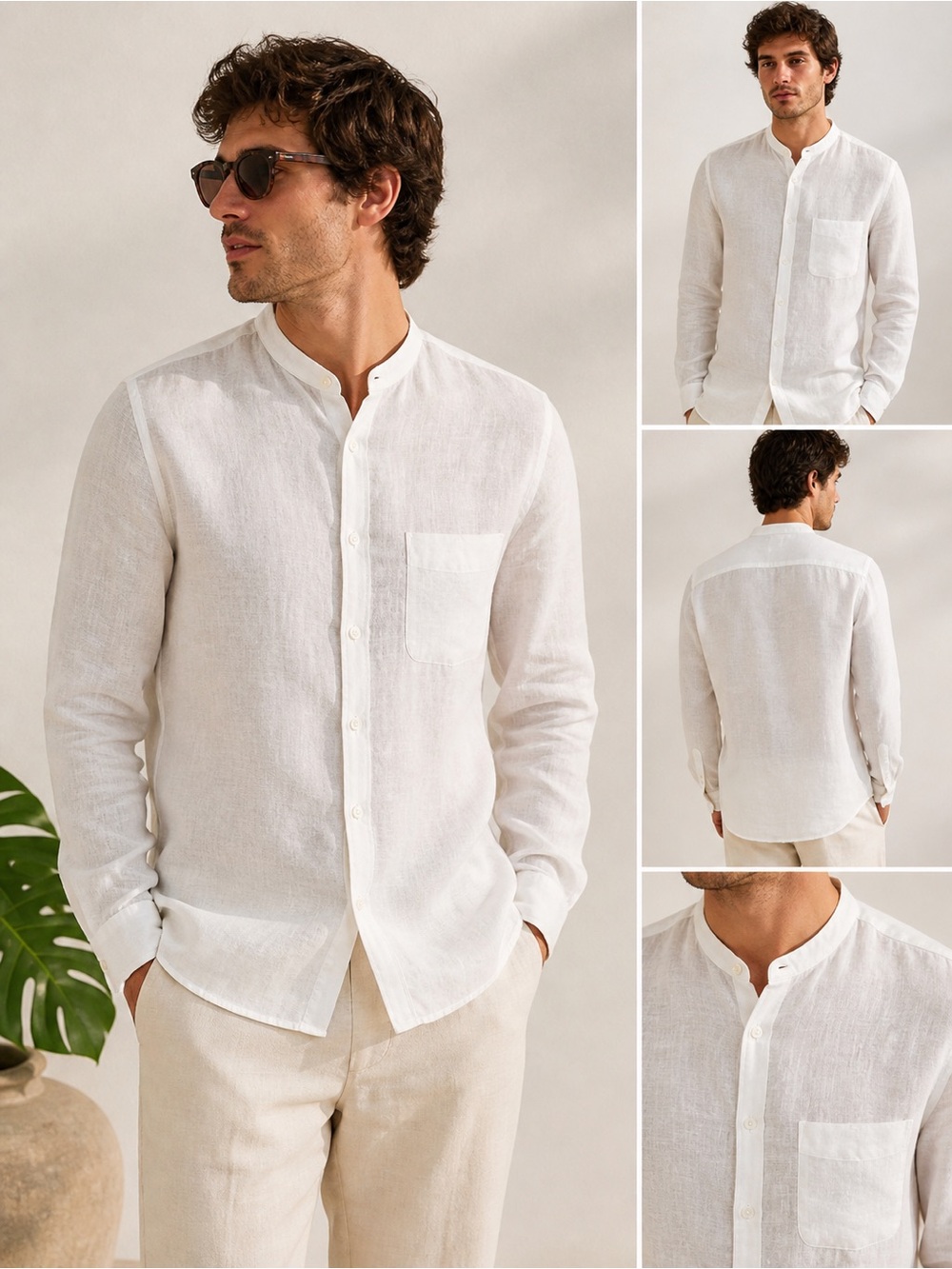 REISS Men’s Linen Shirt Medium White Band Collar Button Front Lightweight Summer